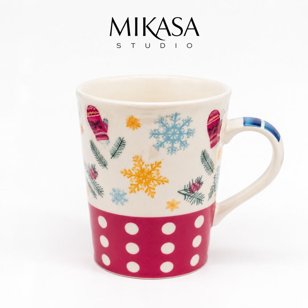 Mikasa Studio Holiday Snowflake Mug Pink Polka Dot Christmas Cup